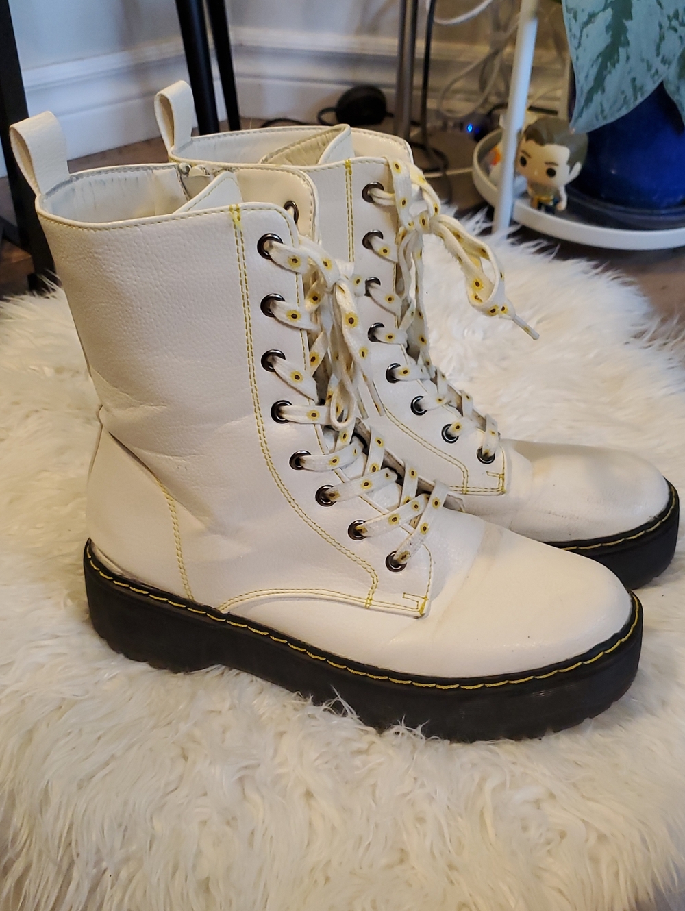 White Lace-Up Platform Combat Boots - Women's
